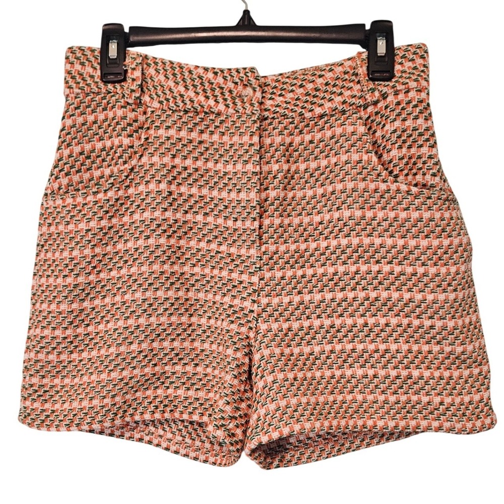 SOBE Women Orange Green Basketweave Tweed High Waisted Shorts Size L